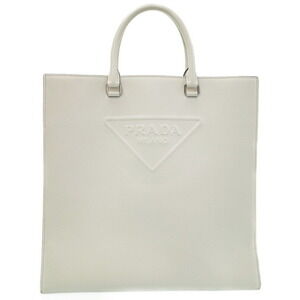 PRADA Embossed Triangle Logo Tote Bag White